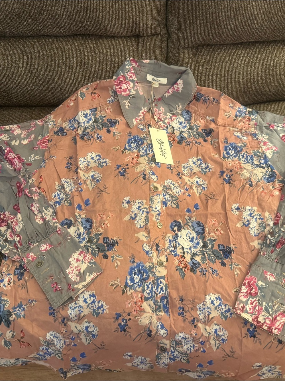 Peach floral XL blue velvet long sleeve blouse nwt